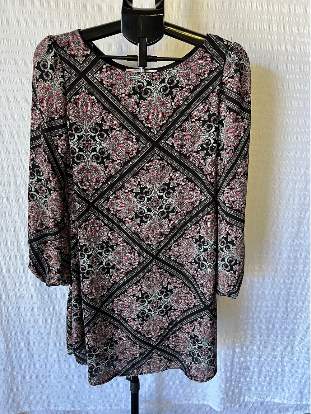 Love Kuza Made in USA Paisley Print Long Sleeve Shift Tunic Dress Pink Black